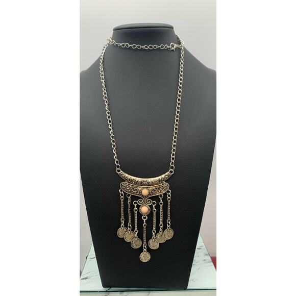 Silver Tone Faux Coin Dangle Boho Bali Inspired Necklace - Picture 3 of 5
